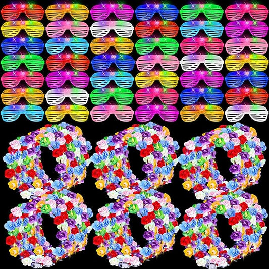 80 Pcs Glow in the Dark Party Supplies Light Up Party Favors 40 LED Light Up Glasses 40 LED Flower Crown Headband Glowing ...