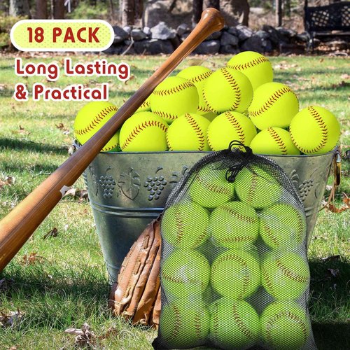 Lewtemi 18 Pack 11" Yellow Sports Practice Softballs Official Size and Weight Slowpitch Softball with 1 Mesh Bag Unmarked Leather Covered Youth Fastpitch Softball Ball for Games Practice Training