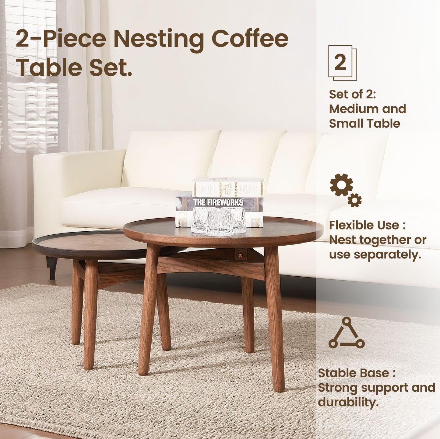 CONSDAN 2-Piece Nesting Coffee Table Set, Solid Oak Frame & Veneer Top, USA Grown Hardwood, Small & Large Round Side Tables for Living Room, Bedroom