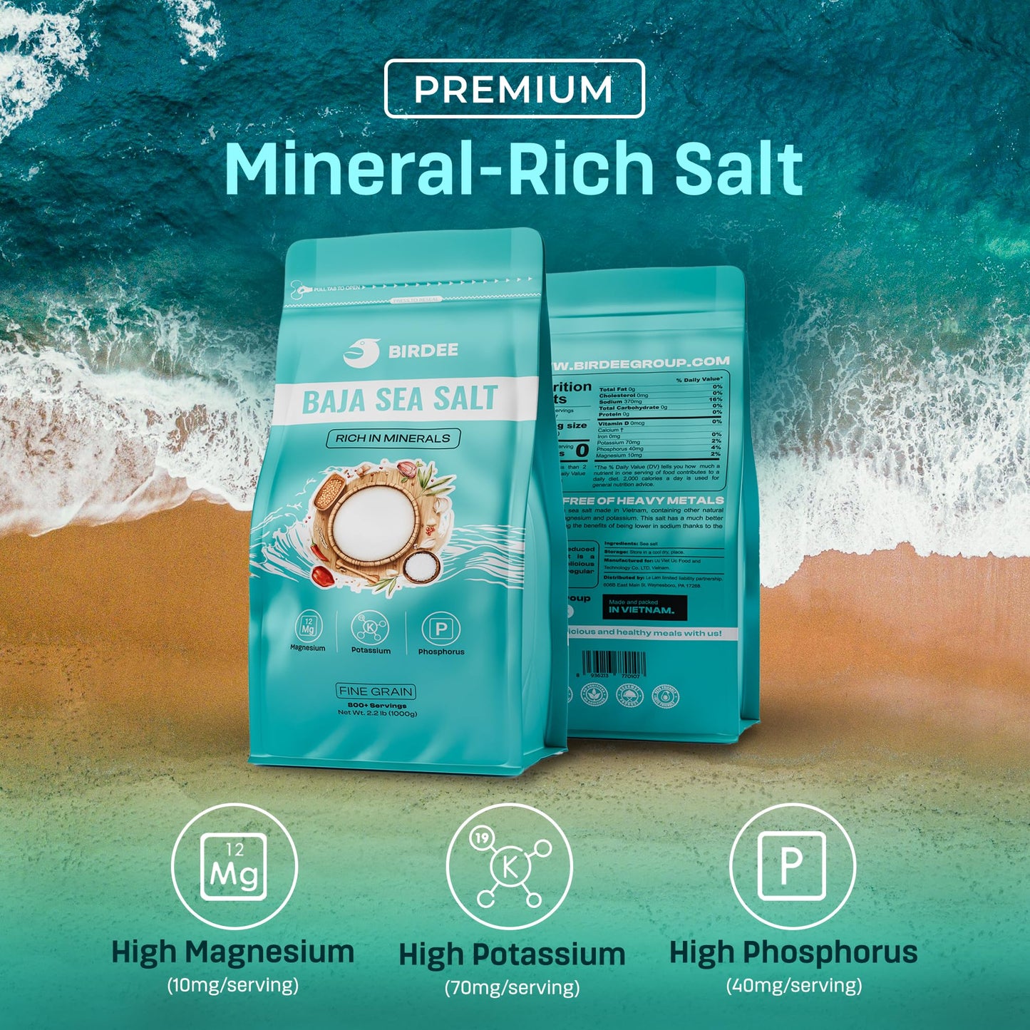 Birdee Baja Mineral Sea Salt – 35.2 oz, Abundant with Essential Minerals, Salt Fine Grind, Unrefined, Low Sodium, Solar-Dried, Hand-Harvested, Perfect for Refills and Bulk