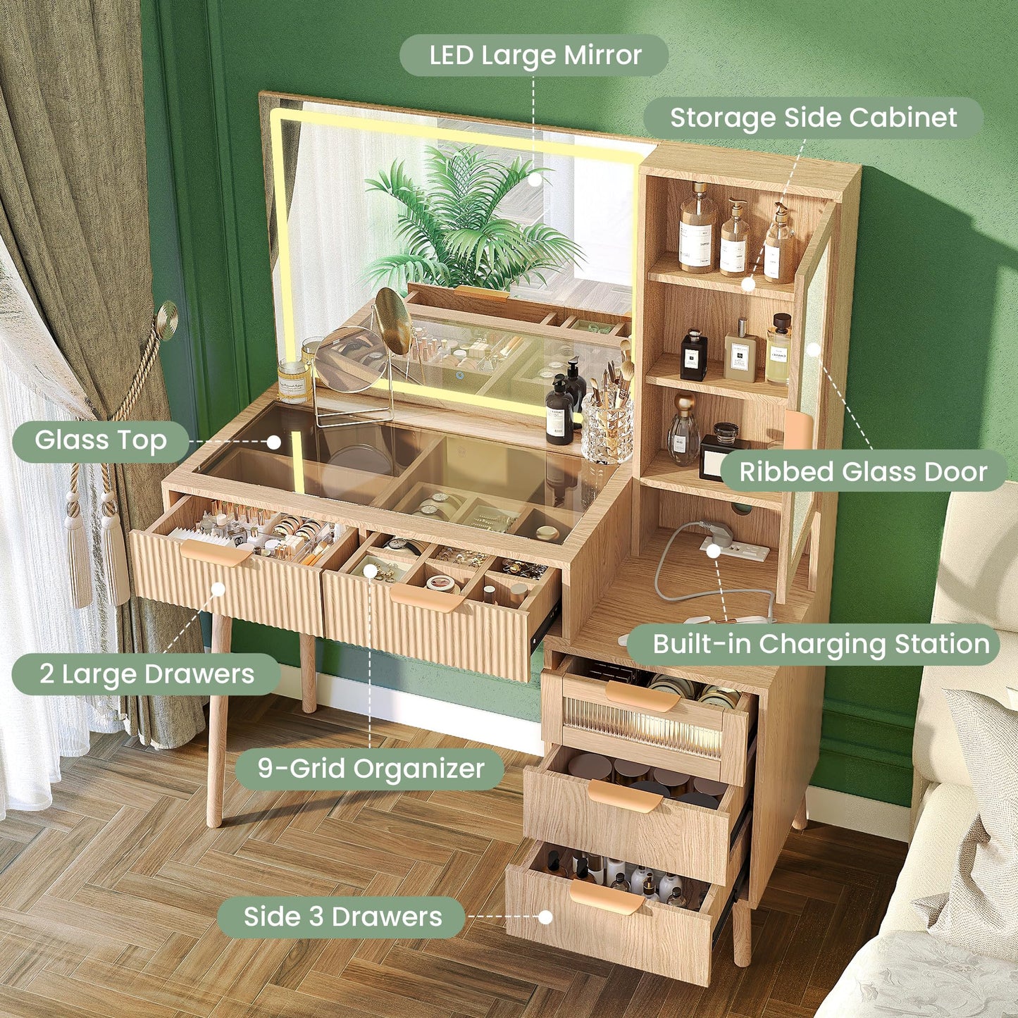 Fkhouse Fluted Makeup Vanity Desk with Mirror and Lights, 5 Drawers Glass Top Makeup Vanity with 4 Storage and 9-Grid Organizer, 3 Color Ribbed Glass Dressing Table with Charging Station, Natural Oak