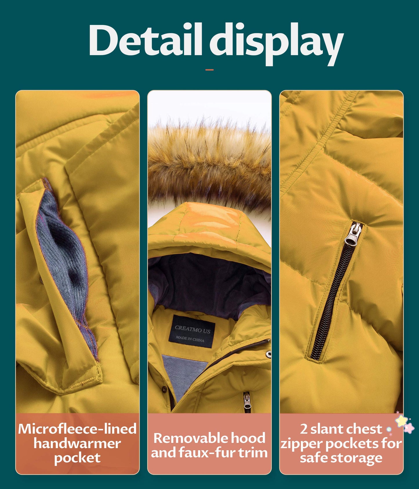 CREATMO US Boy's Winter Parka Water Resistant Hooded Puffer Fleece Lined Jackets Coats Yellow 6-7