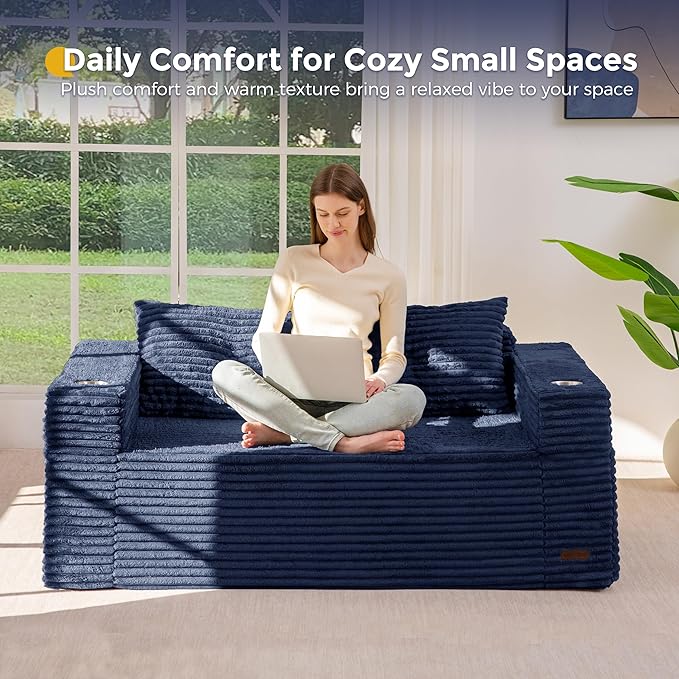 MAXYOYO 63" Boneless Loveseat Sofa Couch for Small Spaces, Mini Love Seat Floor Couch with Cup Holders and Pillows, 2-Seater Upholstered Cloud Couch for Bedroom Apartment, No Assembly Required