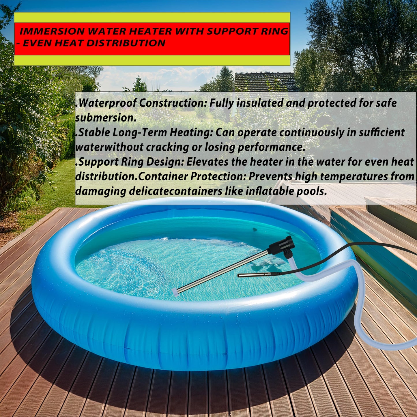 JHAOHEATE 1500W Titanium Immersion Water Heater with Temp Control & GFCI – Submersible Electric Heater for Above-Ground Pool, Baptistry, Baptismal Pool, Spa, Bucke, Hot TubBathtub & Inflatable Pool