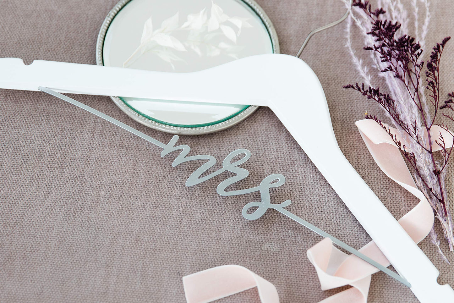 Pearhead Mrs. Wedding Dress Hanger – Elegant Wooden Bridal Keepsake with Cursive Wire Lettering, Perfect Photo Prop and Gift for Bride, White and Silver