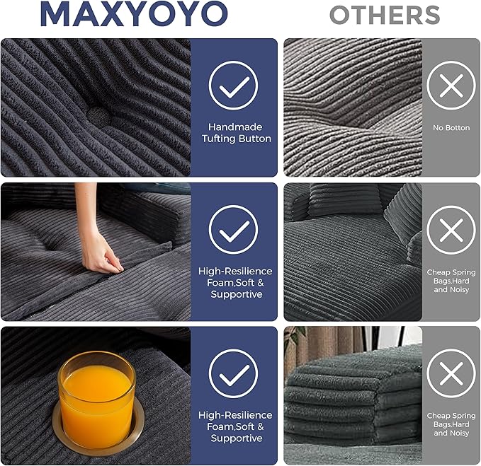 MAXYOYO Modular Sectional Chaise Lounge Sofa, Upholstered Lounge Chair with Pillows Indoor, Tufted Boneless Sofa Couch with Ottoman, Deep Seat Sleeper Chair for Living Room, No Assembly, Grey