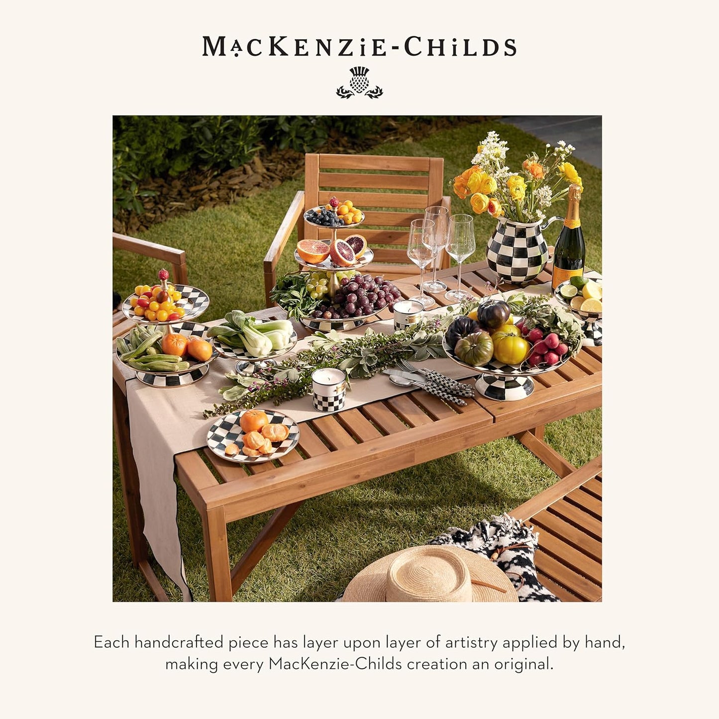MACKENZIE-CHILDS Enamel Pedestal Serving Platter, Decorative Serving Dish for Food, Mini, Black-and-White Courtly Check