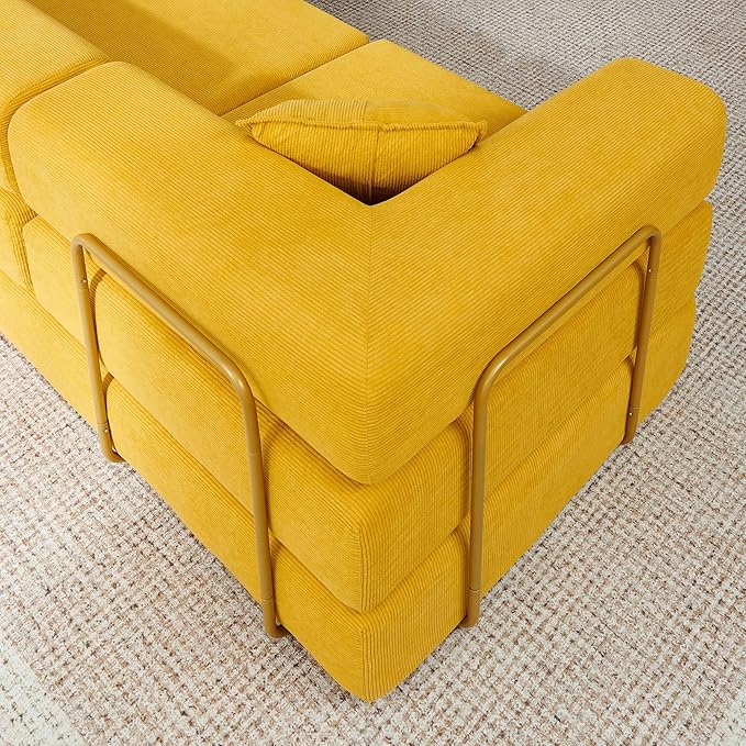 108" Oversized Convertible Sleeper Sofa Bed, Corduroy L Shape Sectional Couch, Folding Sofa Bed with Fixed-Shape Frame, Modern Cloud Floor Mattress Couch, Modular Sofa for Living Room, Yellow