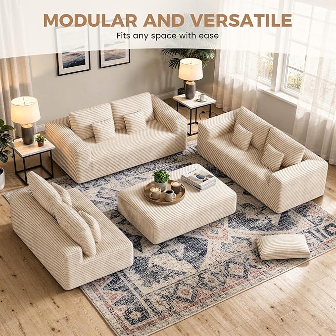 136'' Large Sectional Cloud Couches with Chaise, U Shaped Boneless Sofa Bed with Ottoman, No Assembly Required Deep Seat Modular Lounge for Living Room 4PCS Set, Bedroom(Khaki)