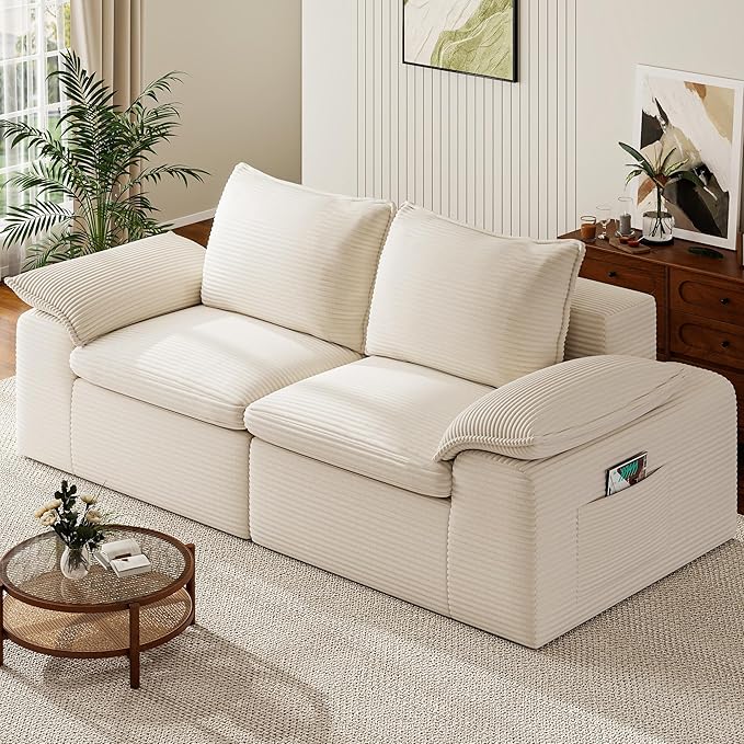 Buytime 76” Comfy Cloud Loveseat Sofa, Convertible Boneless Loveseats for Living Room, Wide 2-Seat Modern Modular Sectional Sofa with Deep Seat, Double-Layer Cloud Cushion and Headrest, Cream Beige