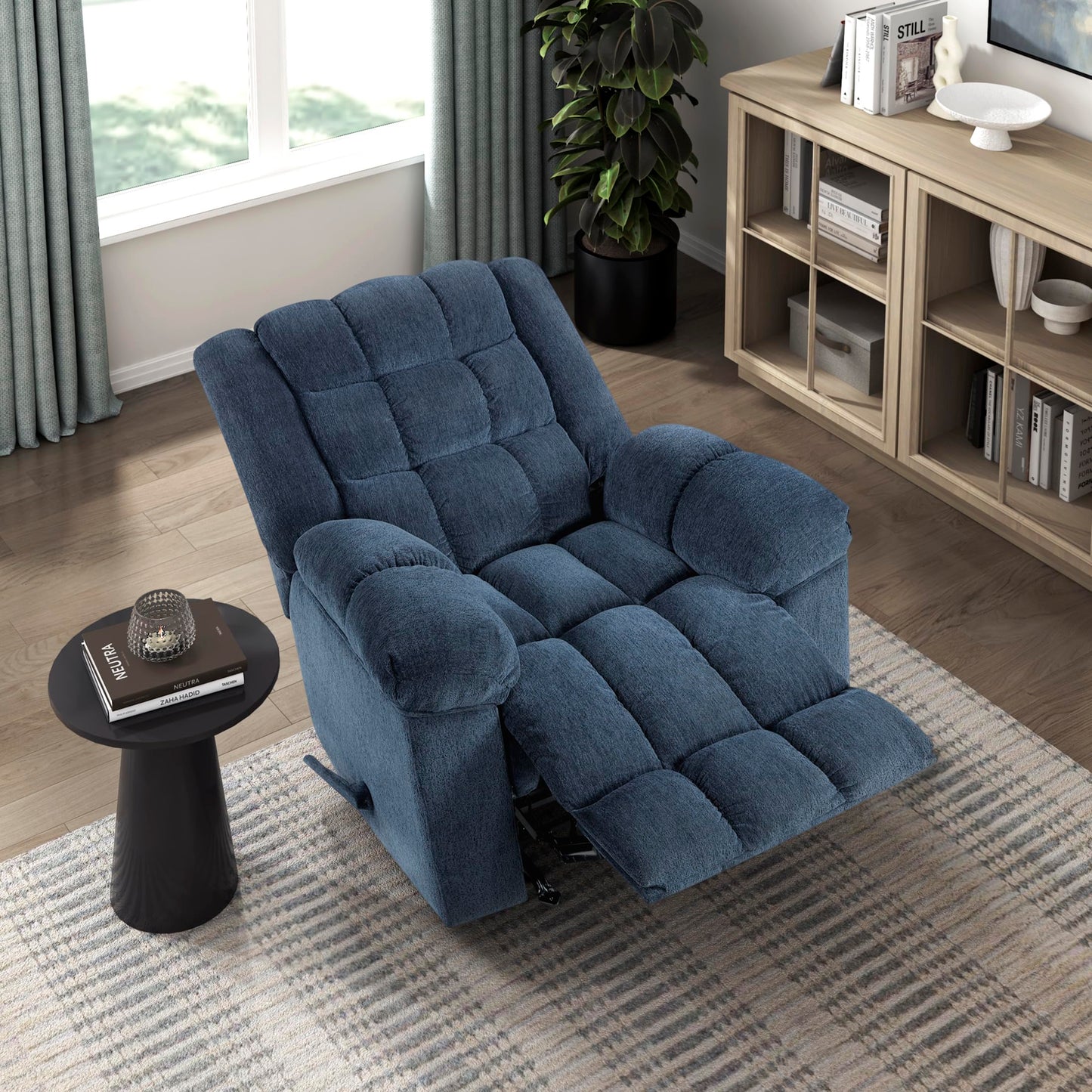 Lexicon Chenille Rocker Reclining Chair for Adults, Rocker Pull Handle Recliner, Nursery Chair for Living Room/Bedroom, High Back, Pillow Top Arms, High Density Foam Cushions, Blue