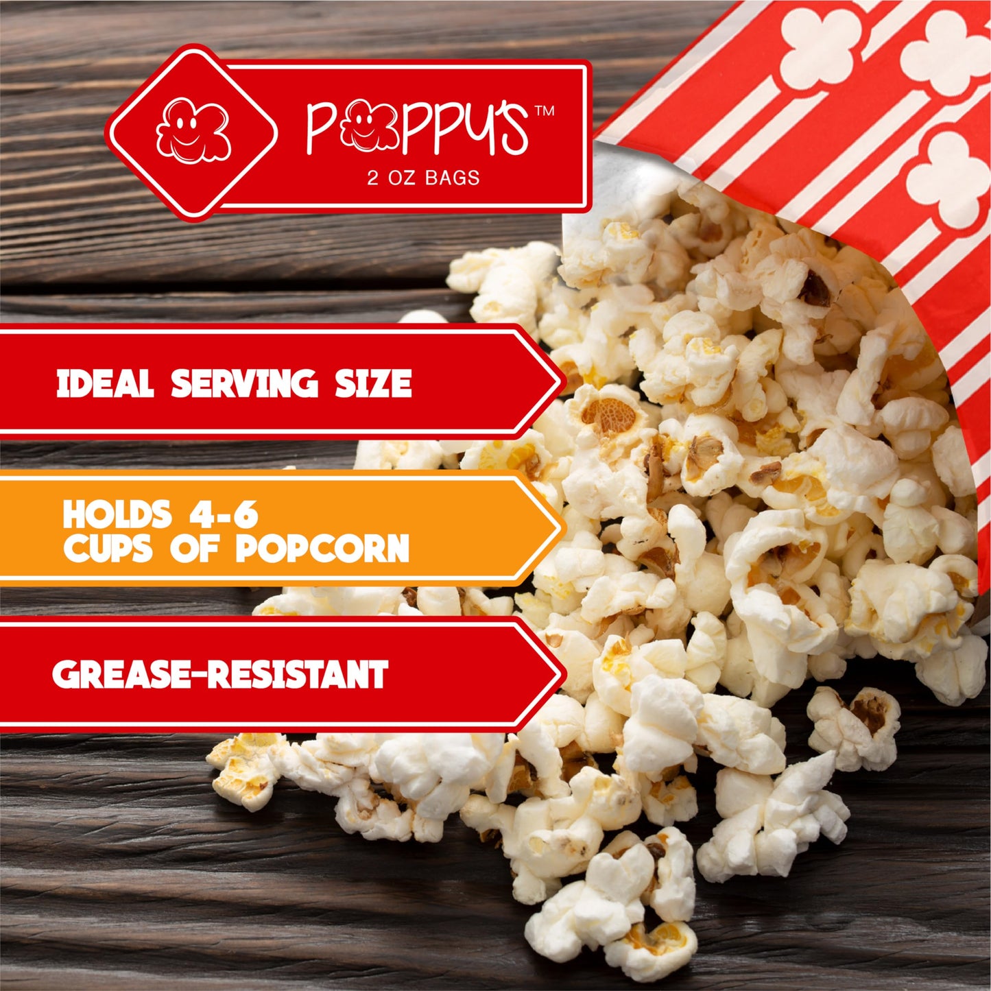 Poppy's Flat Bottom Paper Popcorn Bags – 50 Pack 2 oz Concession-Grade Bags, Popcorn Machine Accessories for Popcorn Bars, Movie Nights, Concessions