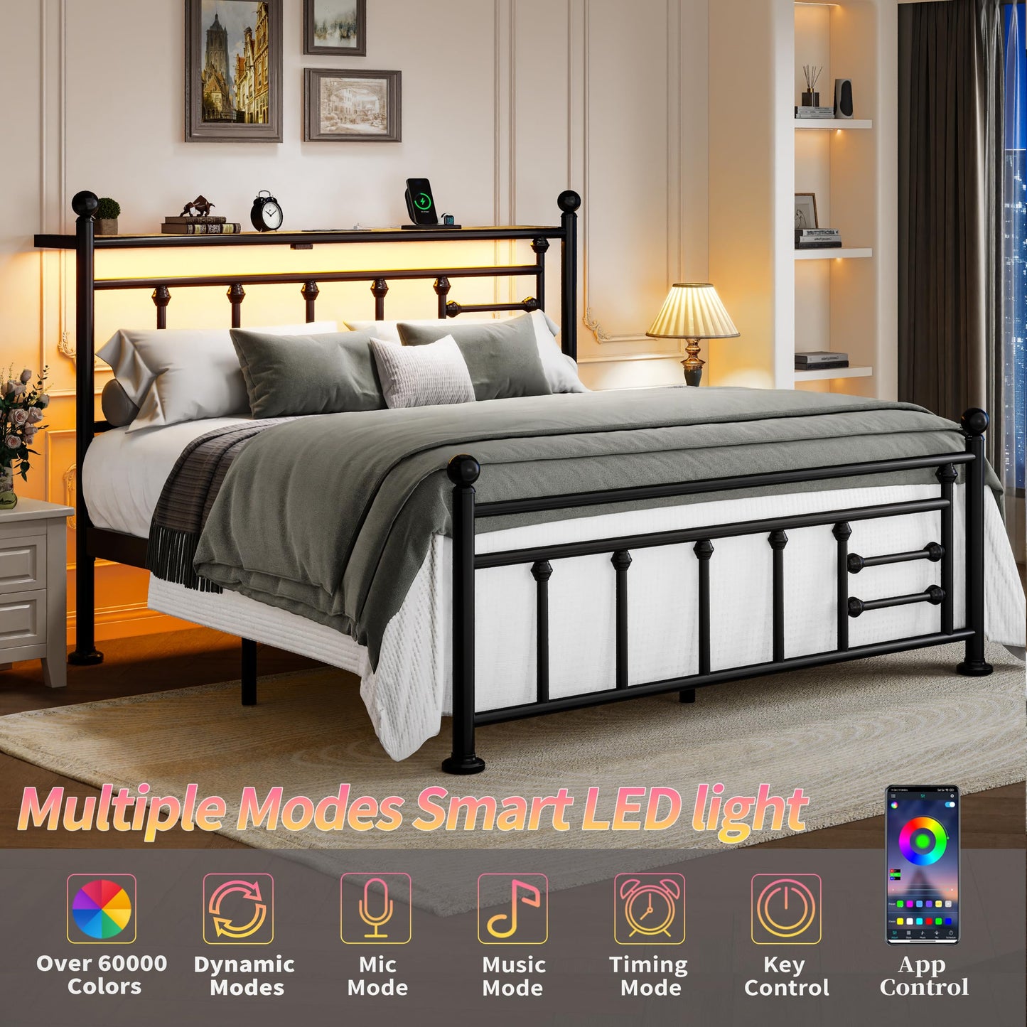 ChicZhiNest Queen Bed Frame with Charging Station & LED Lights, Noise Free Metal Platform Queen Size Bed Frames with Victorian Headboard and Storage Shelf, No Box Spring Needed, Easy Assembly, Black