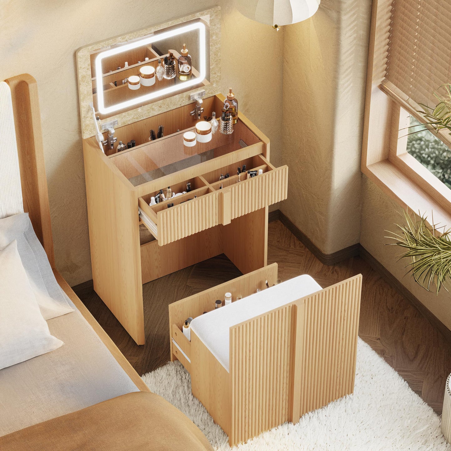 ALLHOMWIE 3 in 1 Makeup Vanity Desk with Lights and Flip Top Mirror, 24" Modern Compact Vanity with Hidden Chair, Makeup Set with 2 Drawers and Reinforced Legs, Light Oak