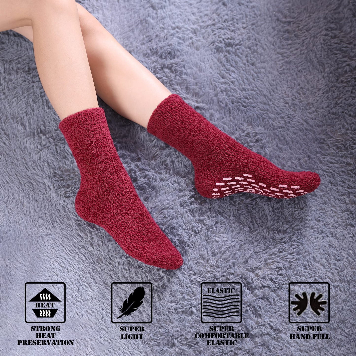 FNOVCO Non Slip Socks for Women Winter Warm Cozy Fuzzy Slipper Socks Soft Fluffy Hospital Socks with Grips (6 Pairs Classic Dark)