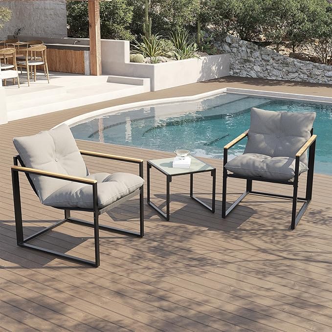 Ophelian 3 Piece Bistro Set Outdoor, Textilene Patio Furniture Set for 2, Apartment Balcony Furniture, Outdoor Chairs with Thick Cushion and Coffee Table,Black/Gray