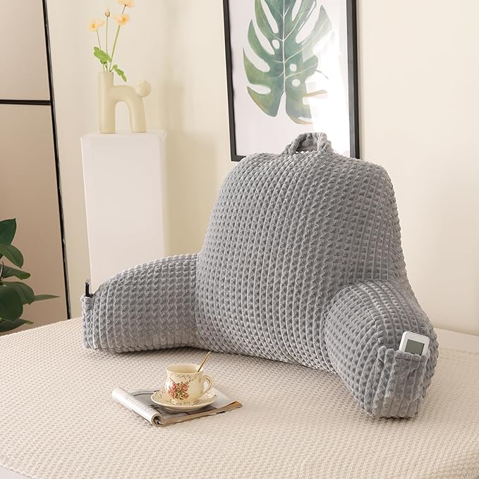 PAJEO Reading Pillow for Sitting in Bed, Large Backrest Reading Pillow with Arm Rest,Back-Rest Support Cushion for Sit Up on Couch, Sofa, and Floor, Dorm Essentials (Grey Flannel, Standard(17inch))