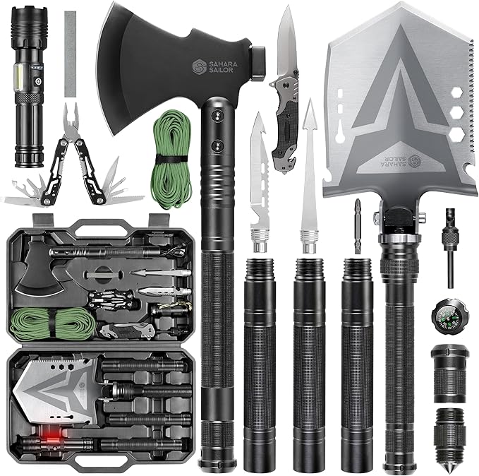 Sahara Sailor Folding Camping Shovel Axe Kit Military Grade, Multifunctional Survival Tactical Shovel with Paracord, Dual ...