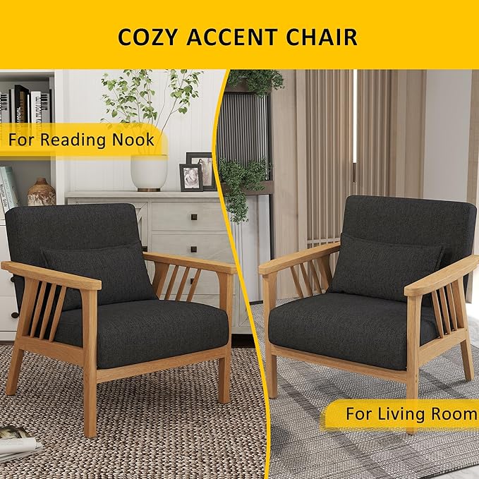 SEYNAR Mid-Century Accent Chair, Linen Fabric Armchair and Lounge Chair with Lumbar Pillow, Wide Seat & Solid Wood Frame for Living Room, Bedroom or Balcony(Dark Gray)
