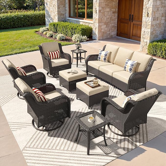 ovios 9 Pieces Patio Furniture Set, Outdoor Wicker Sofa Couch with Swivel Chairs Ottomans Comfy Cushions, High Back Modern All Weather Conversation Sets, Brown Rattan, Beige
