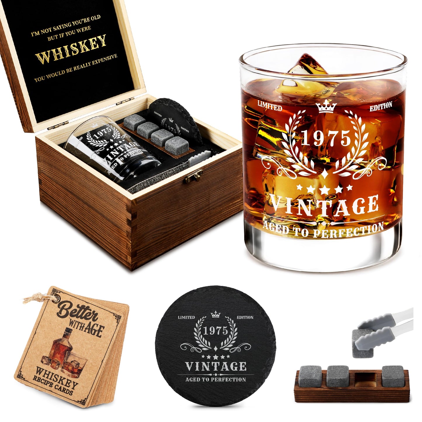 Pagather 50th Birthday Gifts for Men - Vintage 1975 Whiskey Glass Set, 50 Years Old Anniversary Ideas for Him, Dad, Husband, Include Wood Box, Recipe, Stones, Coaster, Stone Holder, Clamp