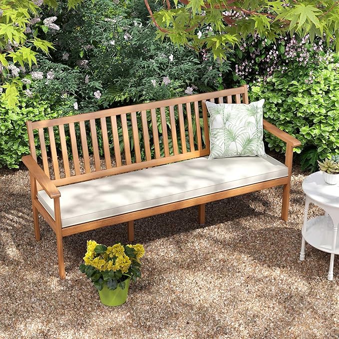 Tangkula Outdoor 3-Seat Acacia Wood Bench, 64 Inches Extra Long Chair with Cushion, Slatted Seat & Backrest, 3-Person Patio Wood Bench for Backyard, Porch, Balcony & Garden