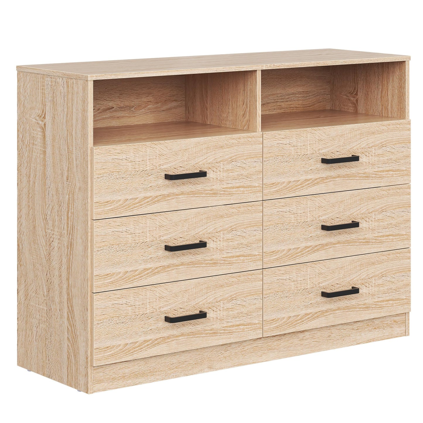 Bigbiglife 6 Drawers Dresser for Bedroom Wooden Drawer with Open Storage Cubby, Double Wide Dresser Organizer for Bedroom, Living Room, Entryway, Hallway (Light Oak)