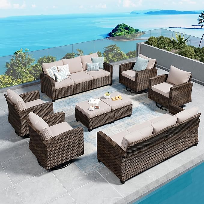SUNSHINE VALLEY Swivel Glider Patio Furniture Set Outdoor Furniture Brown Wicker Rattan Patio Conversation Sets with Cushion Outside Sofa Set,8 Pieces,12 Seats,Beige
