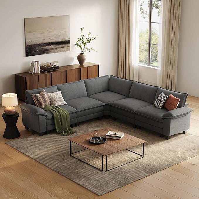 LINSY HOME Modular Sectional Sofa Couch Corduroy Cloud Couches for Living Room, V-Shaped Cloud Couch Sectional Sofas for Bedroom and Apartment, Grey