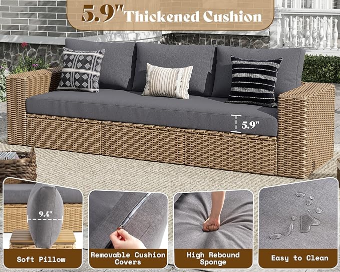 AMERLIFE 6-Piece Patio Sofa Set with Convertible Coffee Table - 8.3" Wide Armrests, UV-Resistant PE Rattan Outdoor Conversation Set for Balcony/Poolside, Waterproof Grey Cushions, Heavy-Duty Wicker