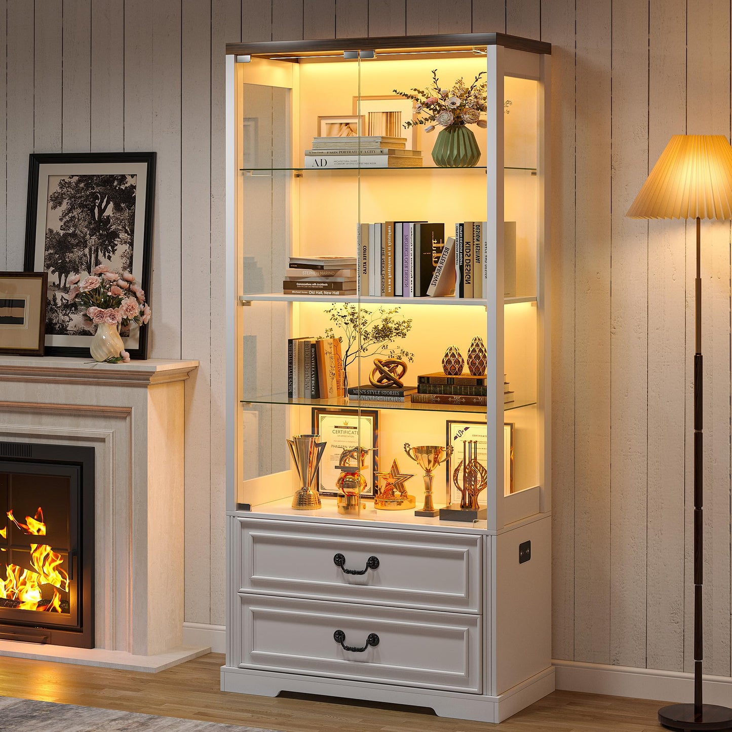 TAGELIER 67" Tall Display Cabinet with Glass Doors and 2 Drawers, Adjustable Glass Height Bookcase, Curio Cabinet with 3 LED Lights and Human Body Sensor (White)