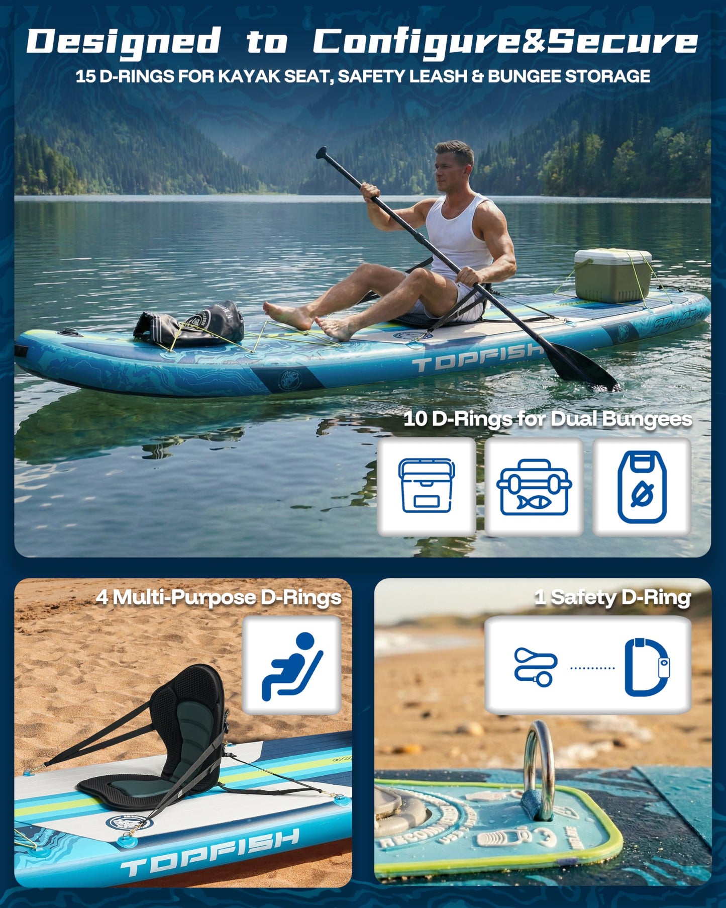 Topfish 11'6x35'' Extra Wide Inflatable Paddle Boards, Ultra-Stable High Capacity SUP of 450lb/3People, Stand Up Paddle Board for Adults w/Camera Mount, 9Accessories Kit, Shoulder Strap, 100L Backpack