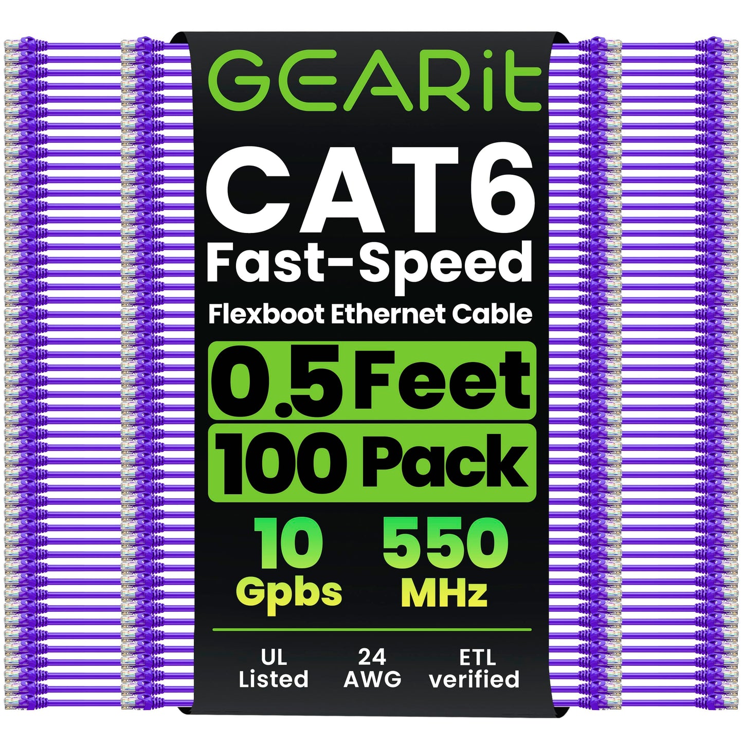 Gearit 100-Pack Cat6 Patch Cable 0.5 Foot / 6 Inches Cat 6 Ethernet Cable Snagless Flexible Soft Tab - Premium Series - Purple