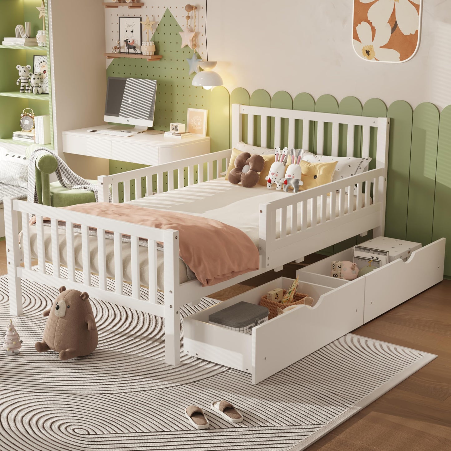 Bellemave Kids Twin Bed Frame with Storage Drawers and Both Sides Guardrails, Kids Platform Bed with Headboard and Slat Support, White