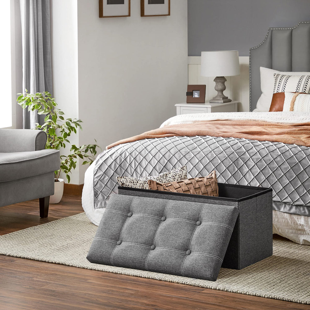 SONGMICS Mazie Collection - 30 Inches Ottoman Storage Bench, 21 Gal. Folding Chest with Breathable Linen-Look Fabric, Load up to 660 lb, for Entryway, Living Room, Bedroom, Dark Gray ULSF001G01