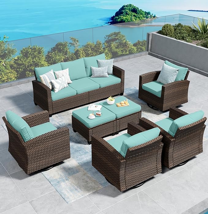 SUNSHINE VALLEY Swivel Glider Patio Furniture Set Outdoor Furniture Brown Wicker Rattan Patio Conversation Sets with Cushion Outside Sofa Set,7 Pieces,9 Seats,Blue
