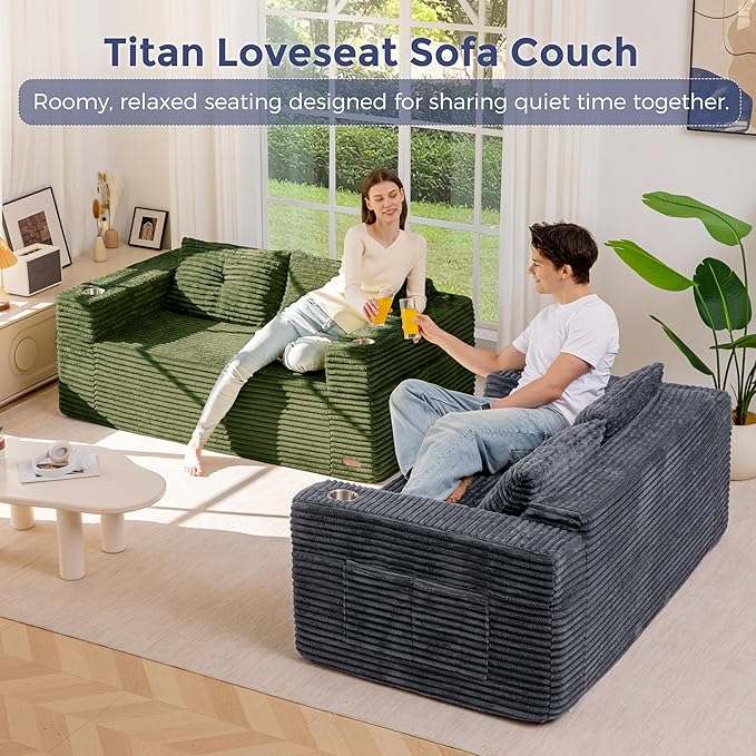 MAXYOYO 63" Boneless Loveseat Sofa Couch for Small Spaces, Mini Love Seat Floor Couch with Cup Holders and Pillows, 2-Seater Upholstered Cloud Couch for Bedroom Apartment, No Assembly Required