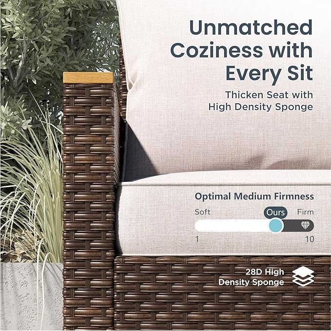 PHI VILLA 7-Piece Wicker Patio Furniture Set, Outdoor Half-Moon Curved Sectional Sofa with Thick Beige Cushions, 2 Ottomans, 2 Single Seats, Large Conversation Seating for Garden or Backyard