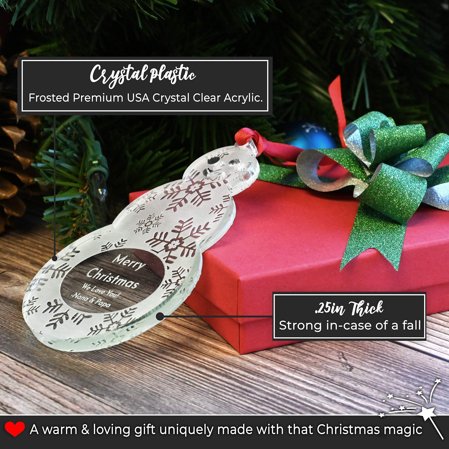LHS Engraving - Personalized Christmas Ornaments for 2025 Gift Box Incld | Custom Engraved Snowman Keepsake Clear Acrylic (Holiday Year Non Custom)