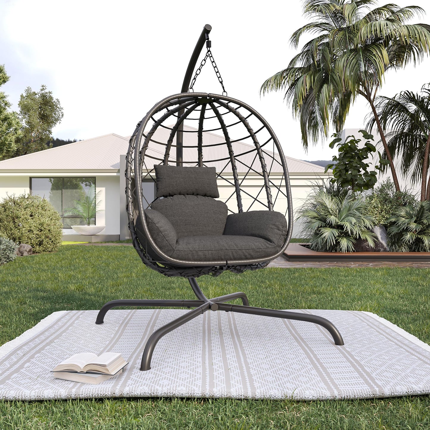CHINNLUU Outdoor Hanging Egg Chair Outdoor Foldable Wicker Swing Chair with Stand UV Resistant Cushion 350lbs Capacity for Patio, Garden and Balcony