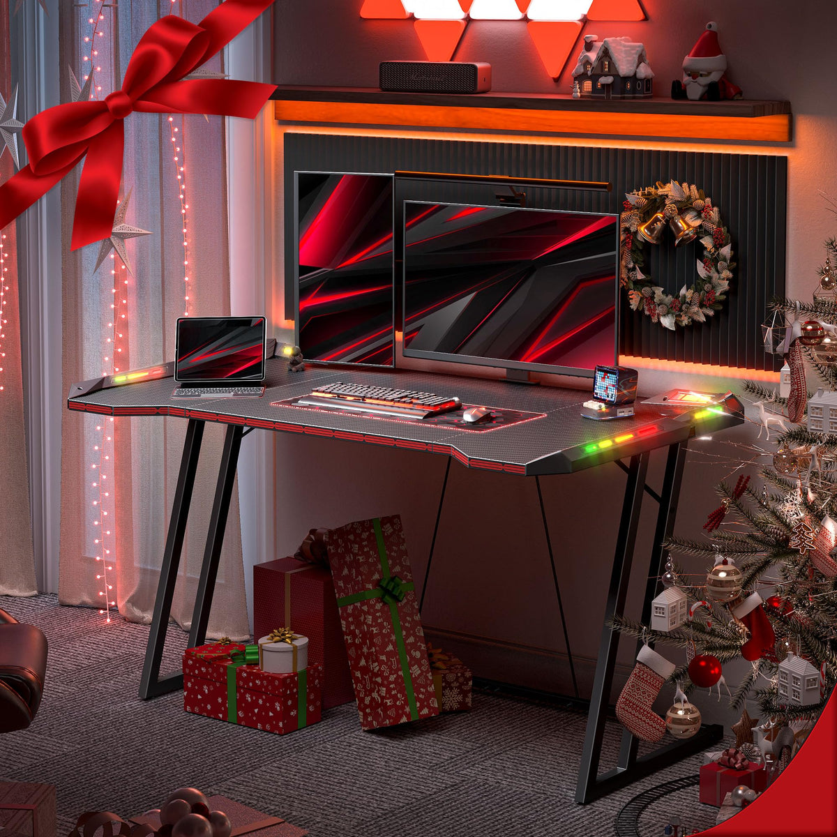 CubiCubi 55 Inch Carbon Fiber Surface Gaming Desk with LED Lights, Z-Shaped Computer Table, Ergonomic Office Desk & PC Workstation with Cable Management, Home Office Desks & Gamer Table, Black