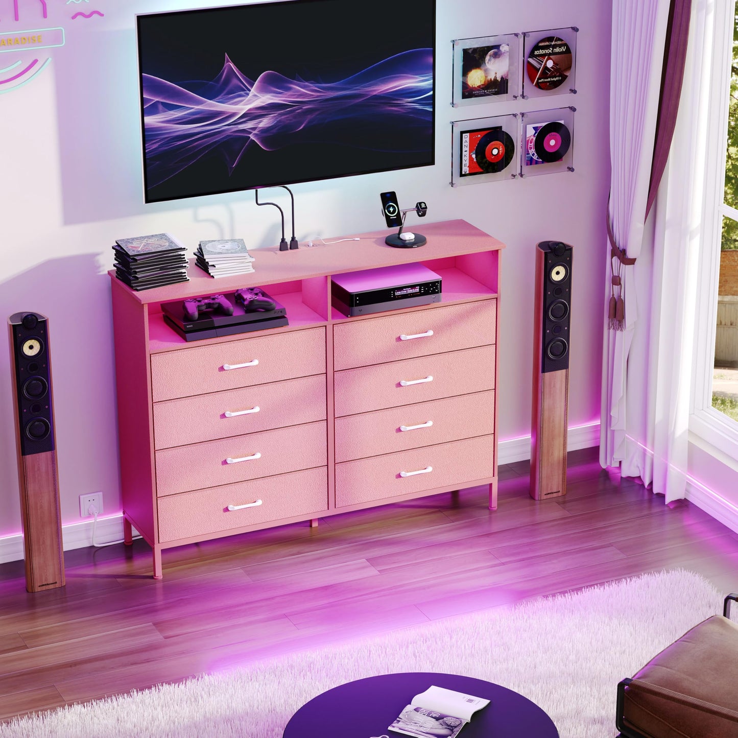 Dresser for Bedroom Pink Bedroom Dresser with LED Lights and Charging Station, 8 Long Fabric Drawers Dressers, Tall Wide Chest of Drawers Storage Organizer TV Stand for up to 60" TV for Living Room