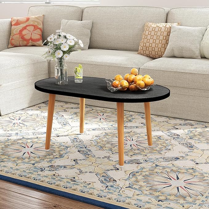 Funecy Oval Coffee Table Low Table with 4 Solid Wood Sturdy Legs, Floor Table Desk for Sitting on The Floor, Storage and Living Room Furniture (Black)