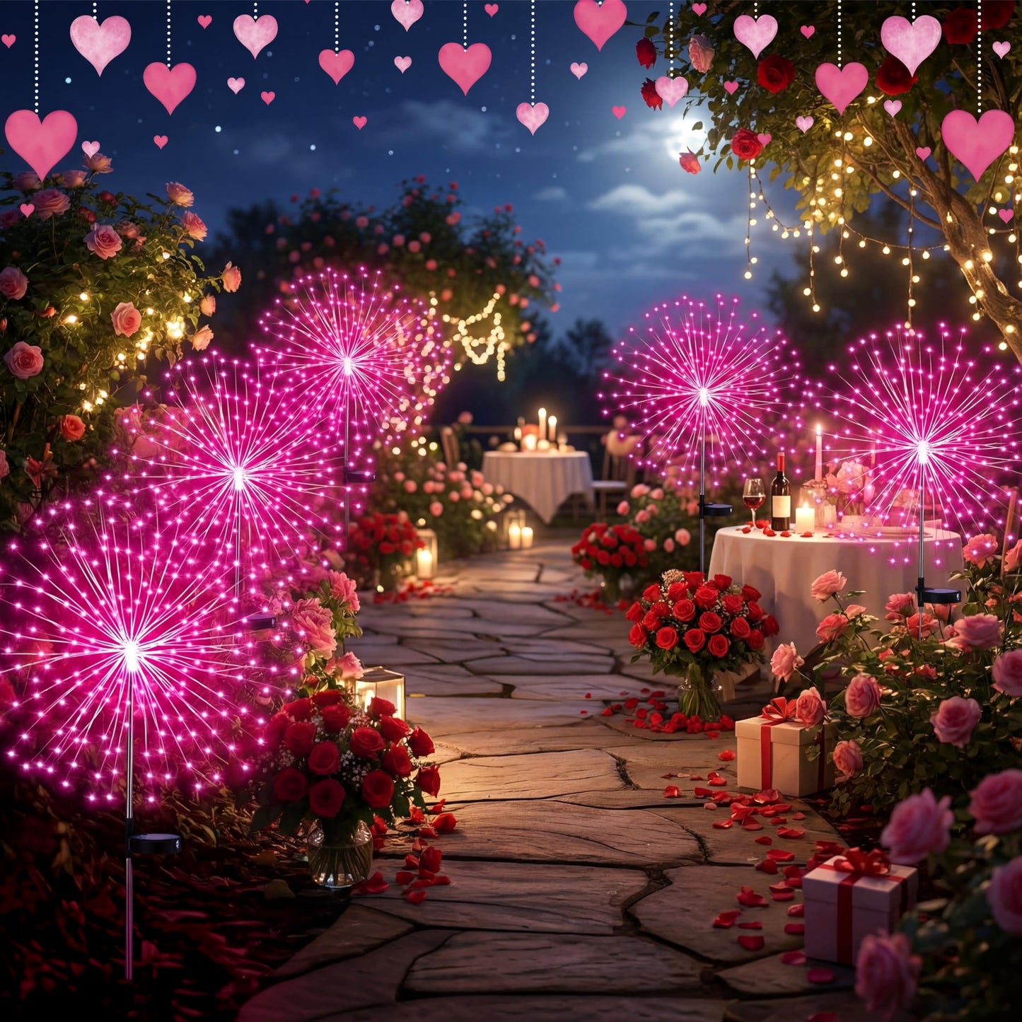Tujoe 4 Pcs Valentine's Day Solar Lights Outdoor Pink Solar Firework Lights Decoration 180 LEDs 8 Modes Waterproof Valentine LED Stake Sparkler for Walkway Pathway Driveway Garden Yard Lawn Path(Pink)