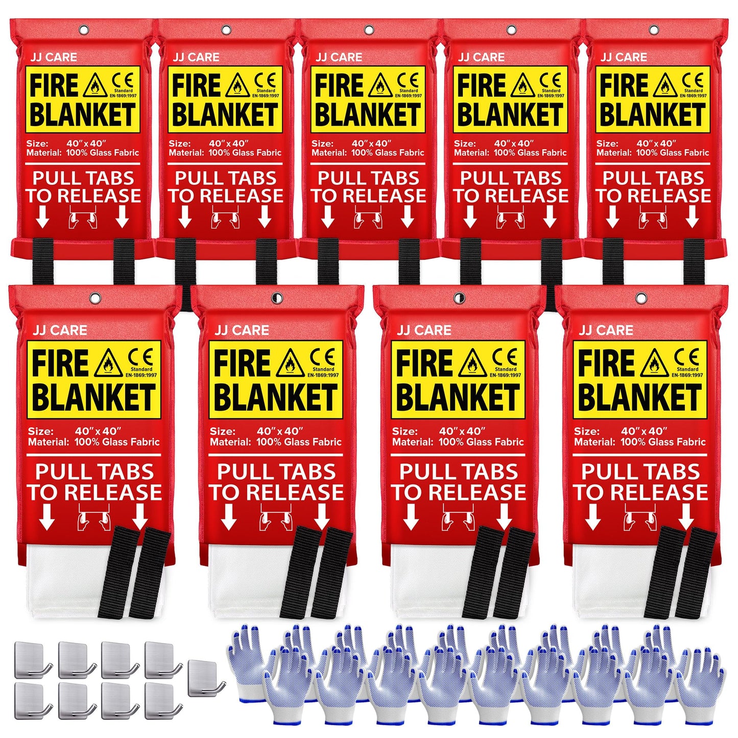 JJ CARE Fire Blanket – 9 Packs with Hooks and Gloves – 40” x 40” Fire Blankets Emergency for Home and Kitchen, High Heat Resistant and Flame Protection for Kitchen, Car, Office, Camping & Home Safety