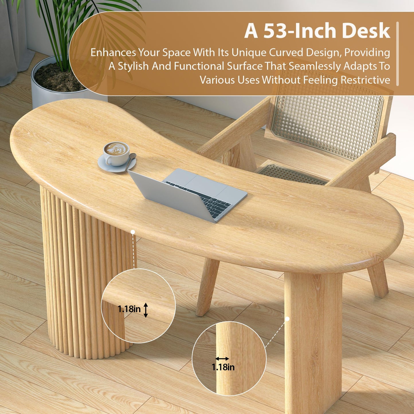 LEVNARY 54.3" Curved Small Computer Desk, Wooden Executive Desk with Sturdy Fluted Legs, Modern Luxury Corner Single Writing Vanity Desk for Bedroom Living Room Home Office (Natural)