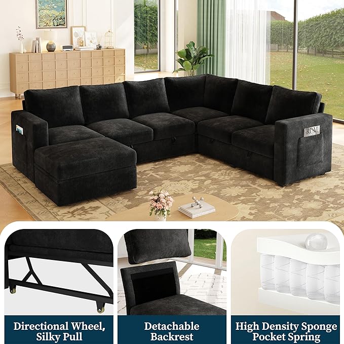 SUAWY 106.7" Sectional Sleeper Sofa with Pull Out Couch, Modern 7 Seat U Shaped Modular Couch, Sectionals Modular Sofa with Storage, Comfy Sectional Couches for Living Room & Apartment, Black
