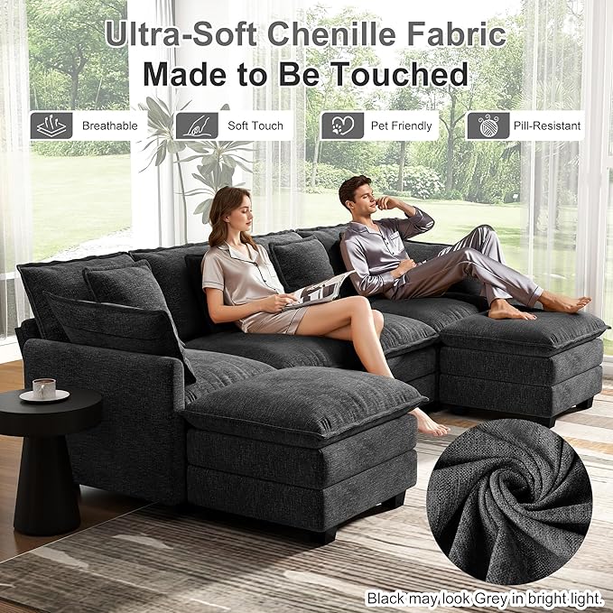 107" Cloud Couch Sectional, U Shaped Modular Sectional Sofa, 4-Seat Deep Seat Couch with 6 Removable Washable Pillows and 2 Ottoman for Living Room, Bedroom, Apartment, Black Grey