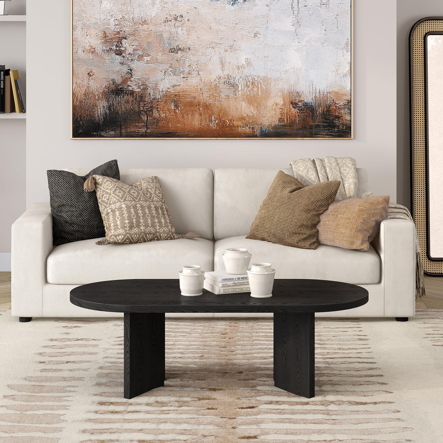 Henn&Hart 48" Oval Wood Low-Profile Coffee Table for Living Room, Family Room or Office, Natural Black