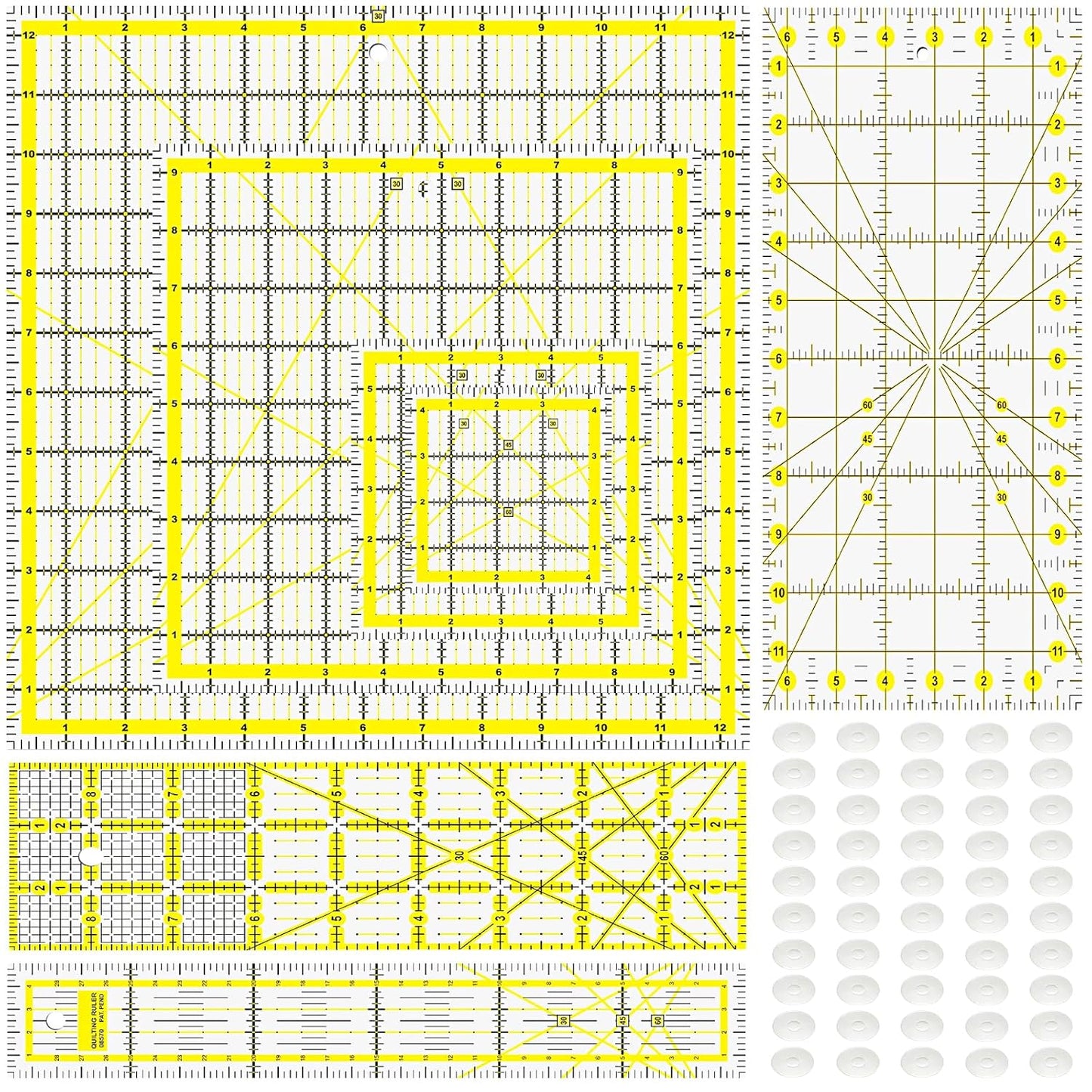 Quilting Rulers, 7 Piece Acrylic Ruler (12.5"X12.5", 9.5"X9.5", 6"X6", 4.5"X4.5",12"x6.5",9"x3",12"x2"), Sewing & Quilting Templates